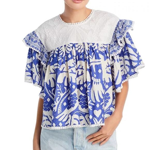 Farm Rio Jungle Scarf Ruffle Lace Blouse Womens Large Blue White Flutter Sleeve - Picture 11 of 11